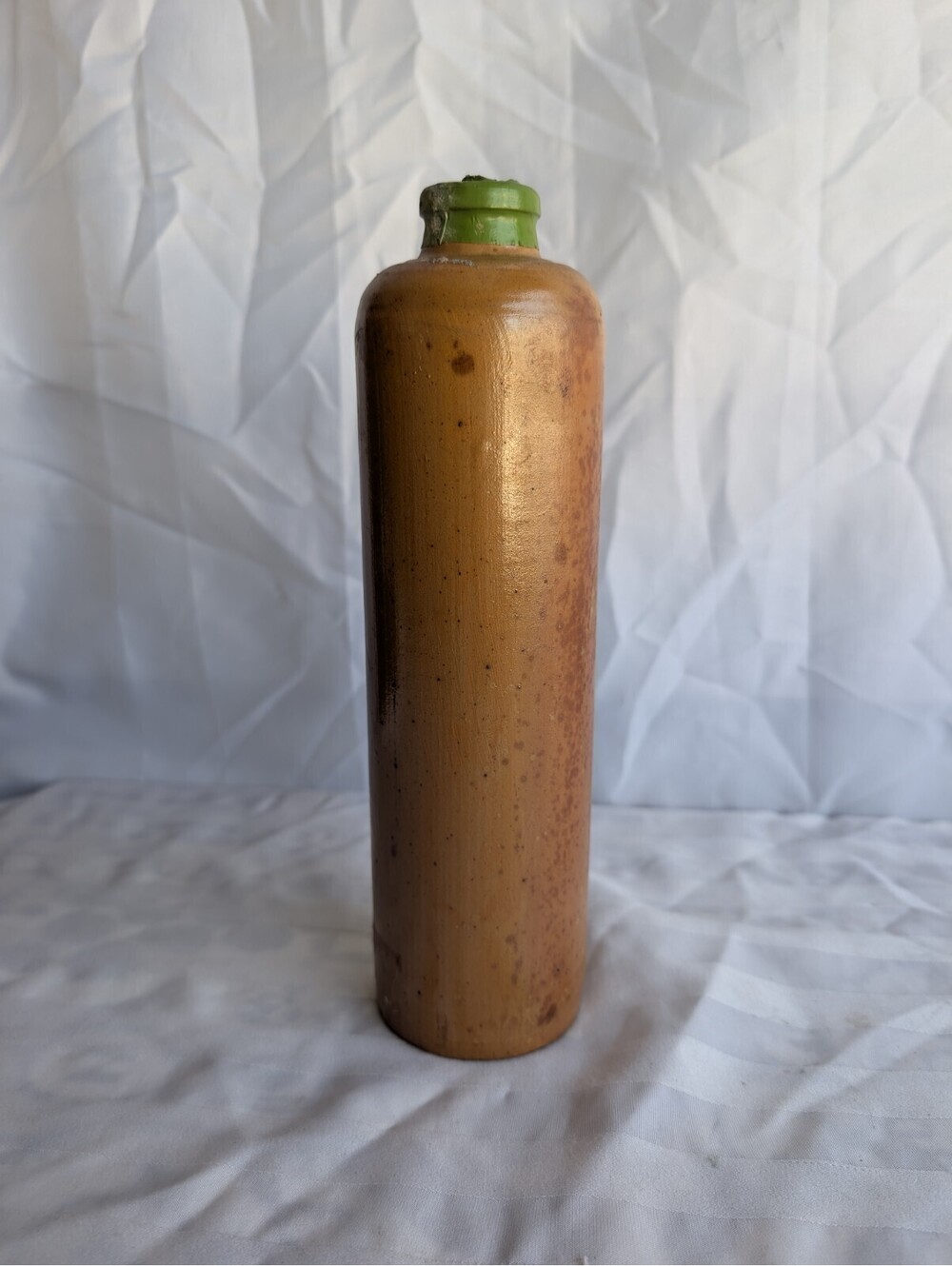 Antique German Stoneware Gin Bottle HK 0.7L Stamped Green Lip Clay Pottery
